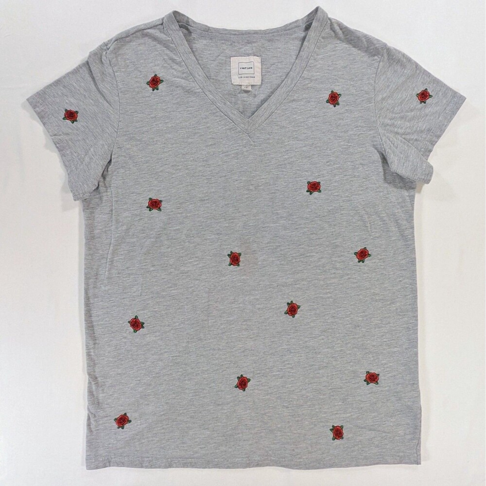 Reflex T shirt Women 1X Gray Embroidered Red Floral V Neck Boho cottagecore